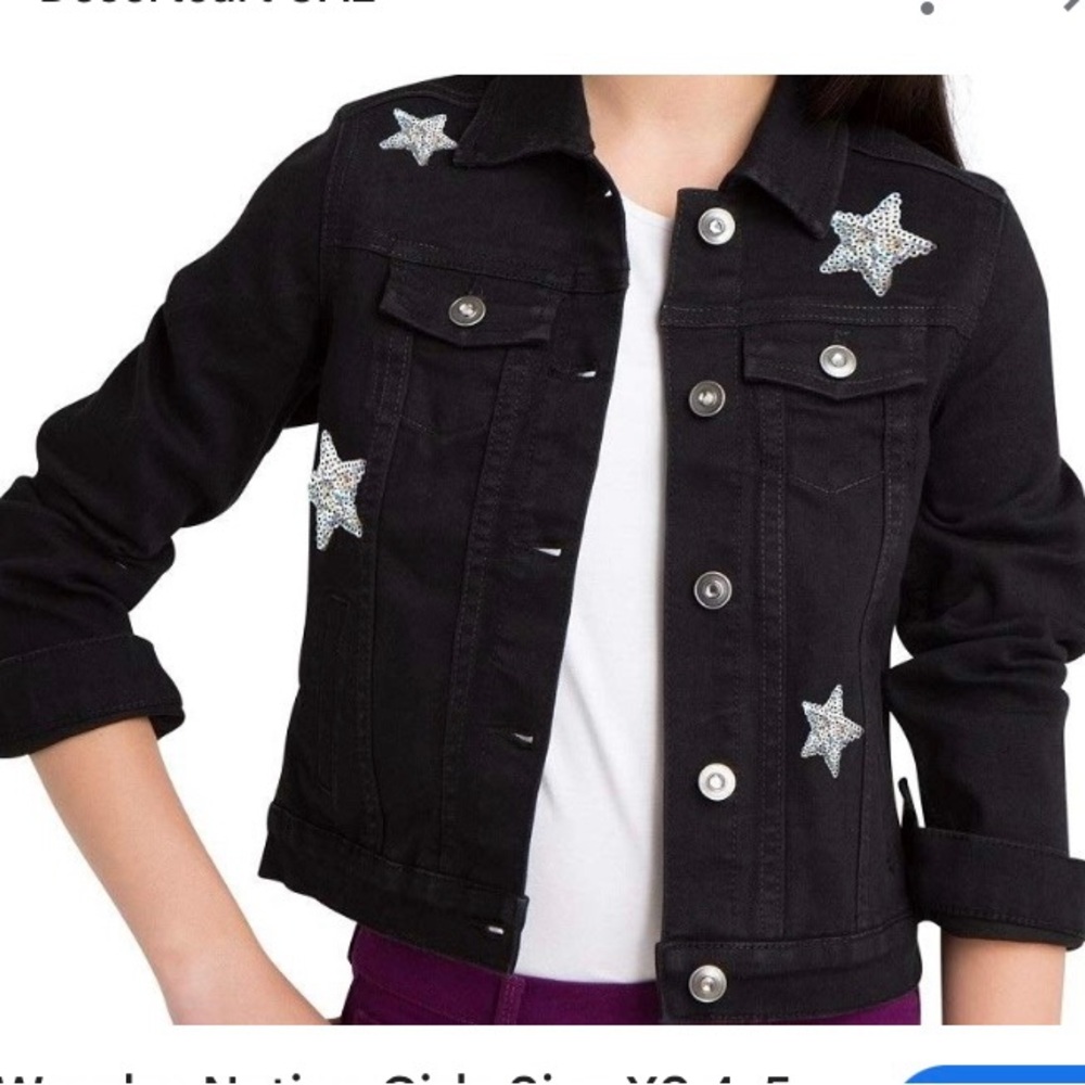 Wonder Nation Kids Silver Sequined Star Pattern Black Denim Jacket